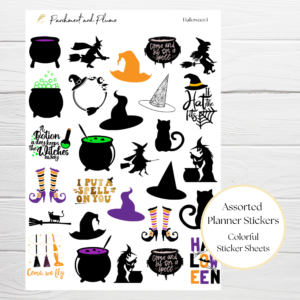 planner stickers with a witch and halloween theme